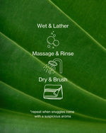 Photo Montage and Illustration of Verdin Dog Shampoo Benefits as a Text Overlay On a Green Leaf with Instructions for How To Wash Your Dog