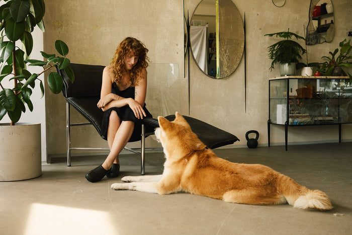 Photo image of a woman gazing into the eyes of her dog.