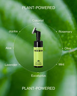 Photo Montage and Illustration of Verdin Dog Shampoo On a Green Leaf with Descriptive Text Overlay