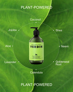 Photo Montage and Illustration of Verdin Dog Shampoo On a Green Leaf with Descriptive Text Overlay